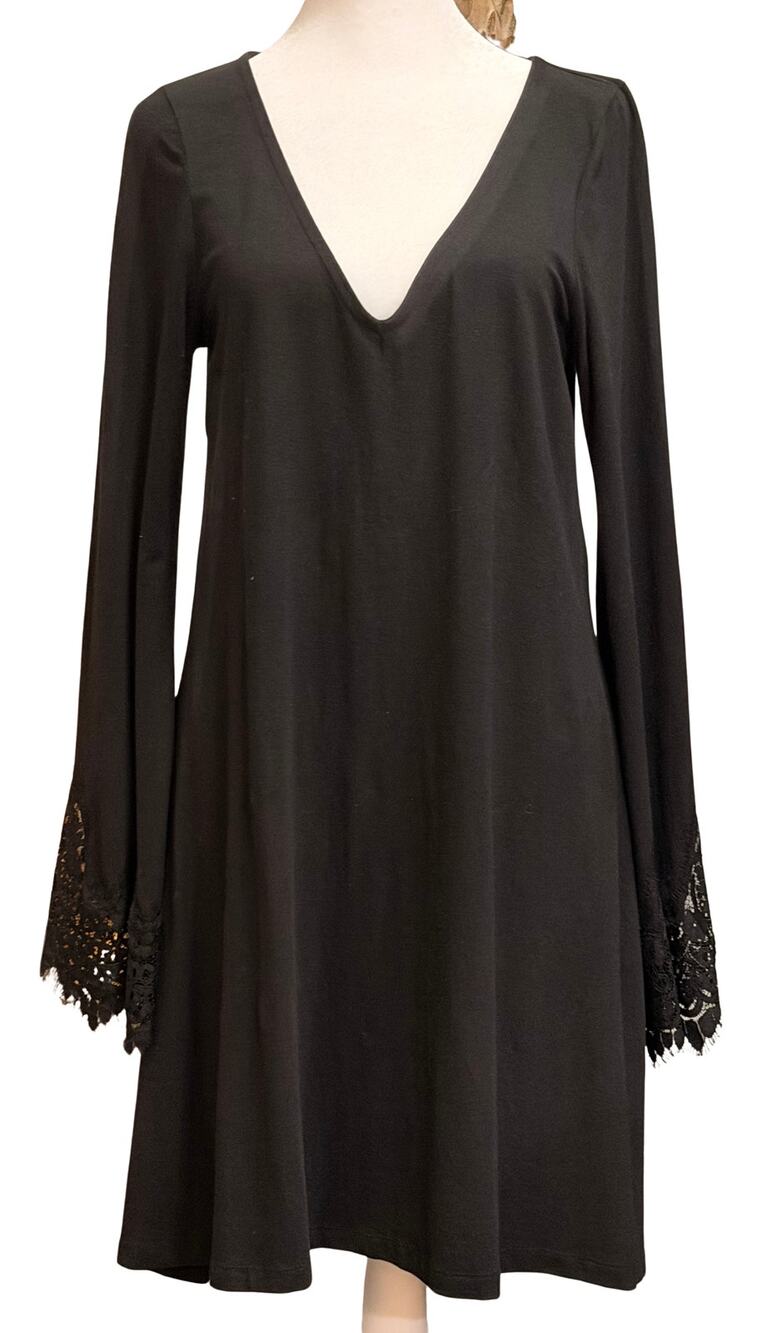 Express Women’s Black Shift Dress M V-Neck Lace Bell Cuffs Gothic Chic LBD